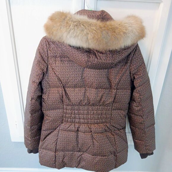 Michael Kors All Over Down Jacket Mint Brown Faux Fur Hood - Picture 3 of 8